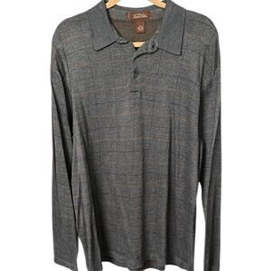 Tasso Elba Spa Long Sleeve Polo Shirt Gray Plaid Heavyweight Cotton Knit - XL